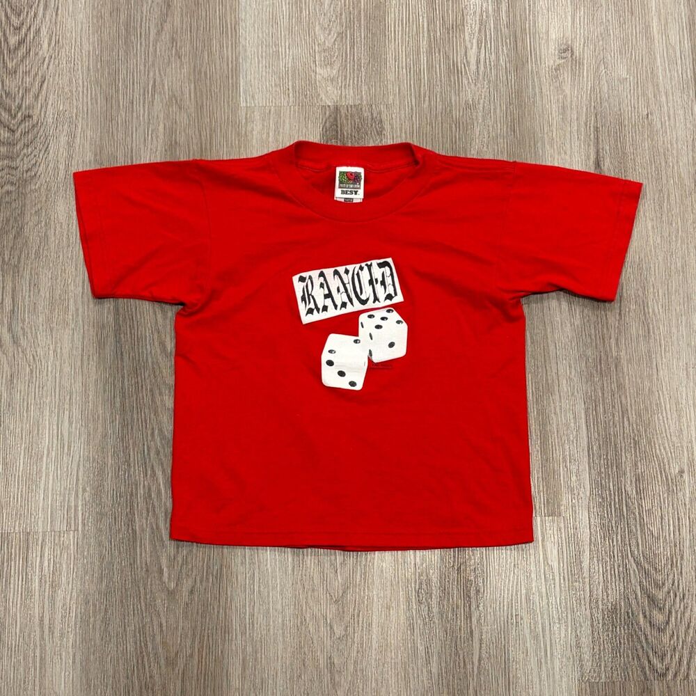 RARE Vintage 2001 Rancid Dice Punk T-Shirt Youth Size L Red Baby Tee Womens XS/S